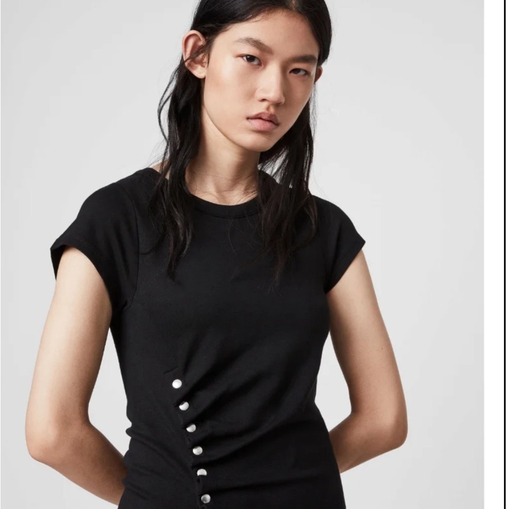 New AllSaints hatti jersey t-shirt dress with side popper detail in black size 0 - Picture 3 of 10